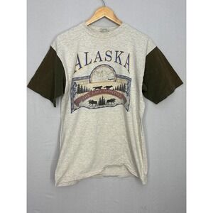 Alaska The Last Frontier Graphic Tee Mens Grey Green Large 90s Prairie Mountain
